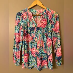 Lilly Pulitzer Elsa Top Southern Charm Flamingo Pink Blue Floral XXS